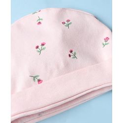 Babyhug 100% Cotton Interlock Knit Cap, Mittens & Booties with Floral Print in Pink - Diameter 15 cm