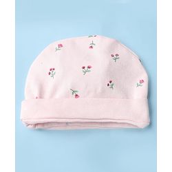Babyhug 100% Cotton Interlock Knit Cap, Mittens & Booties with Floral Print in Pink - Diameter 15 cm