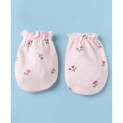 Babyhug 100% Cotton Interlock Knit Cap, Mittens & Booties with Floral Print in Pink - Diameter 15 cm