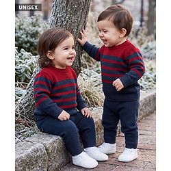Babyhug Knit Full Sleeves Stripped Sweater Set - Red Navy Blue