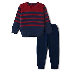 Babyhug Knit Full Sleeves Stripped Sweater Set - Red Navy Blue