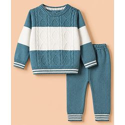 Babyhug Knit Full Sleeves Sweater and Pants Set with Cable Knit Design - White & Green