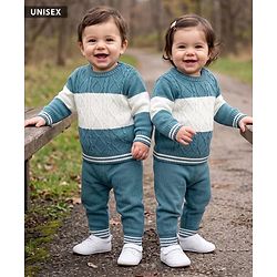 Babyhug Knit Full Sleeves Sweater and Pants Set with Cable Knit Design - White & Green