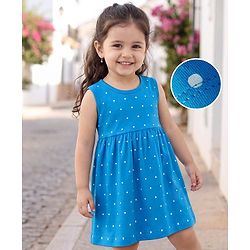 Babyhug 100% Cotton Knit Sleeveless Polka Dots Printed Frock - Blue