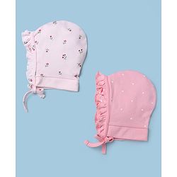 Babyhug 100% Cotton Interlock Knit Caps with Knot with Floral Polka Dots Print Pack of 2 Pink & Light Pink - Diameter 13 cm