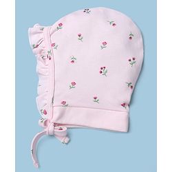Babyhug 100% Cotton Interlock Knit Caps with Knot with Floral Polka Dots Print Pack of 2 Pink & Light Pink - Diameter 13 cm