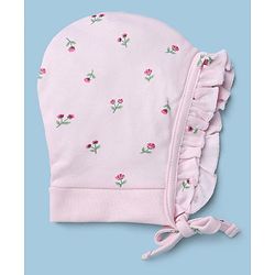 Babyhug 100% Cotton Interlock Knit Caps with Knot with Floral Polka Dots Print Pack of 2 Pink & Light Pink - Diameter 13 cm
