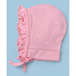 Babyhug 100% Cotton Interlock Knit Caps with Knot with Floral Polka Dots Print Pack of 2 Pink & Light Pink - Diameter 13 cm