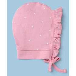 Babyhug 100% Cotton Interlock Knit Caps with Knot with Floral Polka Dots Print Pack of 2 Pink & Light Pink - Diameter 13 cm