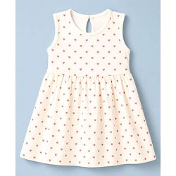 Babyhug Cotton Knit One Piece Dress with Sleeveless and Heart Print - White