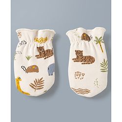 Babyhug 100% Cotton Interlock Knit Mittens & Booties with Jungle Theme - Cream