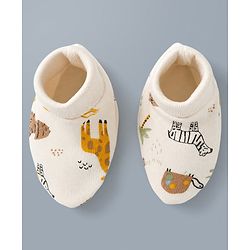 Babyhug 100% Cotton Interlock Knit Mittens & Booties with Jungle Theme - Cream