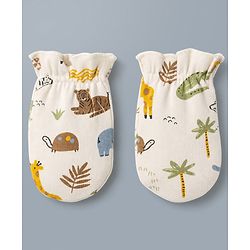 Babyhug 100% Cotton Interlock Knit Mittens & Booties with Jungle Theme - Cream