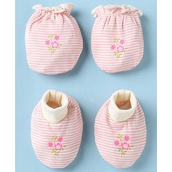 Babyhug 100% Cotton Interlock Knit Mittens & Booties With Floral Print - Pink