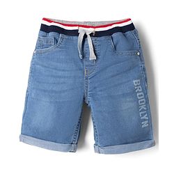 Babyhug Cotton Lycra Denim Mid Thigh Shorts with Brooklyn Pext in Blue