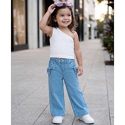 Babyhug Cotton Lycra Full Length Washed Jeans With Bow Applique & Stretch - Blue