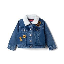 Babyhug Cotton Lycra Denim Jacket with Full Sleeves & Floral Embroidery - Light Blue