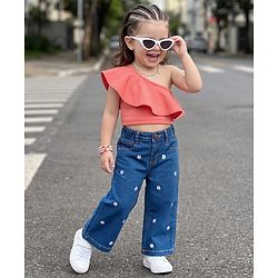 Babyhug Cotton Lycra Denim Floral Embroidered Washed Jeans With Stretch - Blue