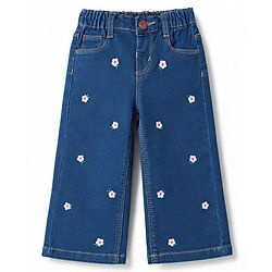Babyhug Cotton Lycra Denim Floral Embroidered Washed Jeans With Stretch - Blue