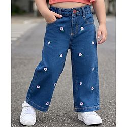 Babyhug Cotton Lycra Denim Floral Embroidered Washed Jeans With Stretch - Blue
