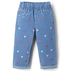 Babyhug Denim Full Length Washed Jeans with Hearts Embroidery in Light/Sky Blue