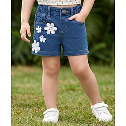 Babyhug Cotton Lycra Denim Mid Thigh Washed Shorts With Stretch & Floral Applique - Light Blue