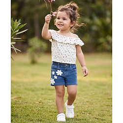 Babyhug Cotton Lycra Denim Mid Thigh Washed Shorts With Stretch & Floral Applique - Light Blue