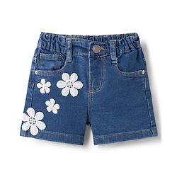 Babyhug Cotton Lycra Denim Mid Thigh Washed Shorts With Stretch & Floral Applique - Light Blue