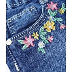 Babyhug Cotton Lycra Mid Thigh Floral Embroidered Denim Shorts - Navy Blue