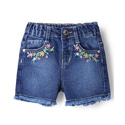 Babyhug Cotton Lycra Mid Thigh Floral Embroidered Denim Shorts - Navy Blue