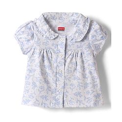 Babyhug 100% Cotton Knit Half Sleeves Front Open Co-Ords Floral Printed Top & Pajama Night Suit - White & Blue
