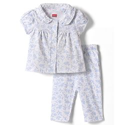 Babyhug 100% Cotton Knit Half Sleeves Front Open Co-Ords Floral Printed Top & Pajama Night Suit - White & Blue