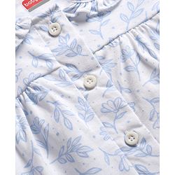 Babyhug 100% Cotton Knit Half Sleeves Front Open Co-Ords Floral Printed Top & Pajama Night Suit - White & Blue