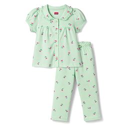 Babyhug 100% Cotton Knit Half Sleeves Front open Co-Ords Top & Pajama Night Suit with Floral Print - Sea Green