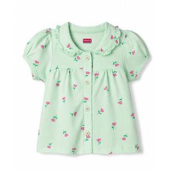 Babyhug 100% Cotton Knit Half Sleeves Front open Co-Ords Top & Pajama Night Suit with Floral Print - Sea Green