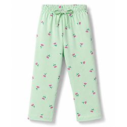Babyhug 100% Cotton Knit Half Sleeves Front open Co-Ords Top & Pajama Night Suit with Floral Print - Sea Green