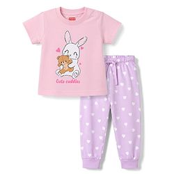 Babyhug 100% Cotton Knit Half Sleeves T-Shirt & Pyjama Night Suit With Heart & Bunny Print - Pink