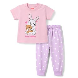 Babyhug 100% Cotton Knit Half Sleeves T-Shirt & Pyjama Night Suit With Heart & Bunny Print - Pink