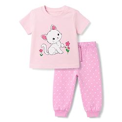 Babyhug 100% Cotton Knit Half Sleeves T-Shirt & Pyjama Night Suit With Cat & Polka Dot Print - Pink