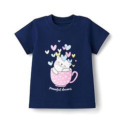 Babyhug 100% Cotton Knit Half Sleeves T-Shirt & Pyjama Night Suit With Cat & Heart Print - Navy