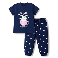 Babyhug 100% Cotton Knit Half Sleeves T-Shirt & Pyjama Night Suit With Cat & Heart Print - Navy
