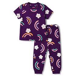 Babyhug 100% Cotton Knit Half Sleeves T-Shirt & Pyjama Night Suit With Rainbow & Floral Print - Purple