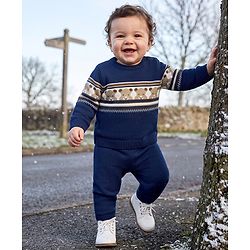 Babyhug Knit Sweater and Pants Set with Full Sleeves and Bear Placement Design in Navy Blue for 0-3 Months