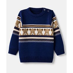 Babyhug Knit Sweater and Pants Set with Full Sleeves and Bear Placement Design in Navy Blue for 0-3 Months