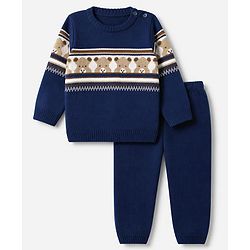 Babyhug Knit Sweater and Pants Set with Full Sleeves and Bear Placement Design in Navy Blue for 0-3 Months