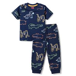 Babyhug 100% Cotton Knit Half Sleeves Co-Ords T-Shirt & Pajama Night Suit with Dino Print -Navy