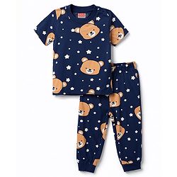 Babyhug 100% Cotton Knit Half Sleeves Co-Ords T-Shirt & Pajama Night Suit with Bear Print -Navy