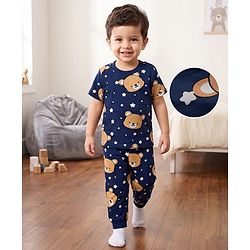 Babyhug 100% Cotton Knit Half Sleeves Co-Ords T-Shirt & Pajama Night Suit with Bear Print -Navy
