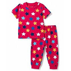 Babyhug 100% Cotton Knit Half Sleeves Star Printed Co-Ords T-Shirt & Pyjama Night Suit - Red