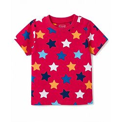 Babyhug 100% Cotton Knit Half Sleeves Star Printed Co-Ords T-Shirt & Pyjama Night Suit - Red